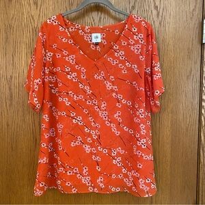 CAbi Red Blouse Cherry Blossom Floral  Chiffon V Neck Lined Size M Flowy…